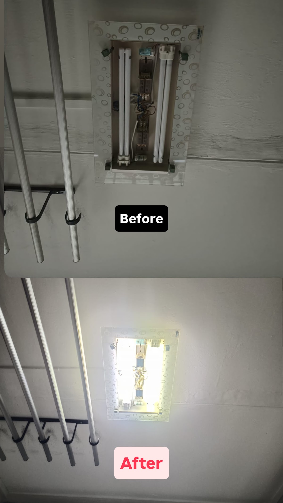 Before and after collage of a ceiling light repair